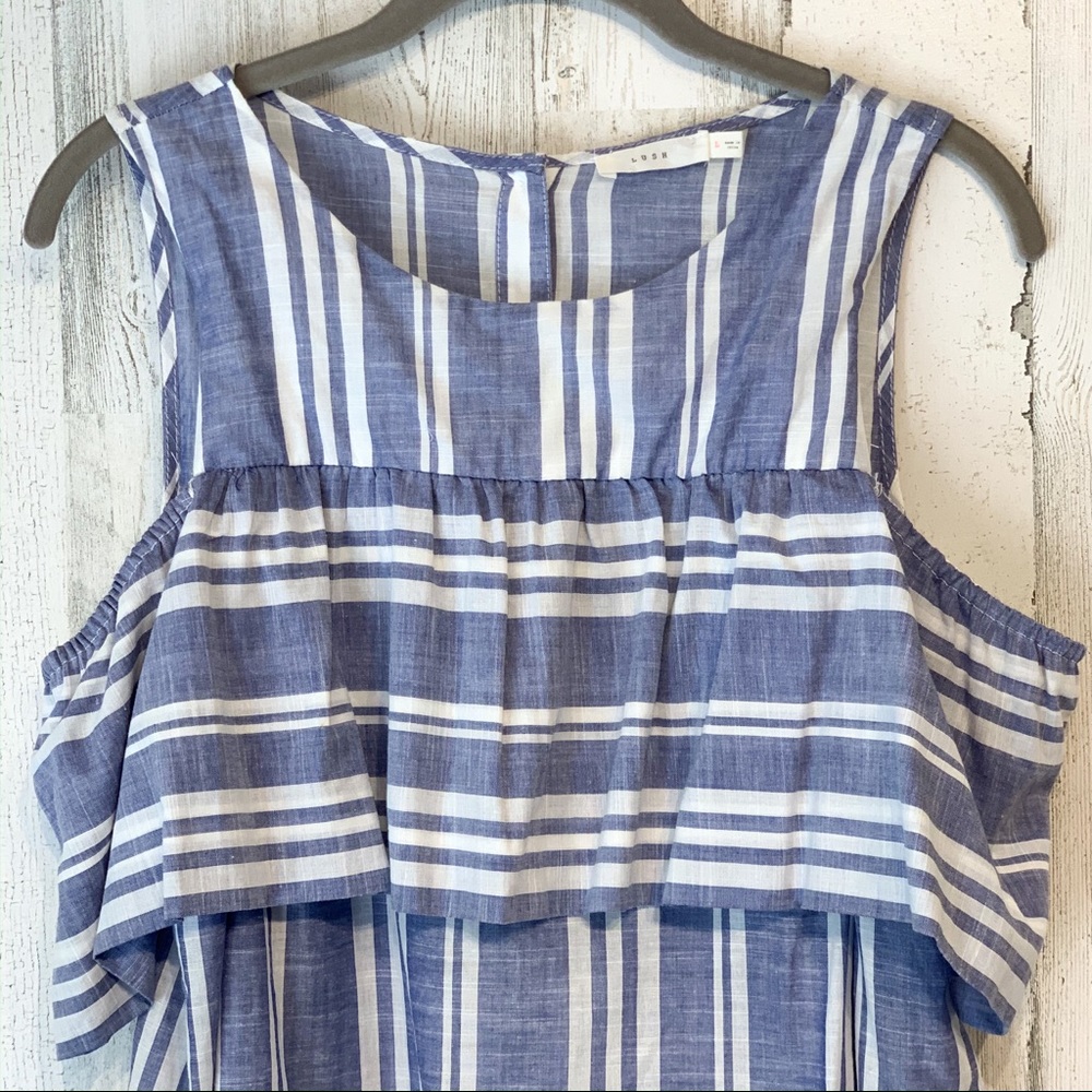 Lush Blue/Wht Cold Shoulder Striped Top Size Lrg - Picture 4 of 8